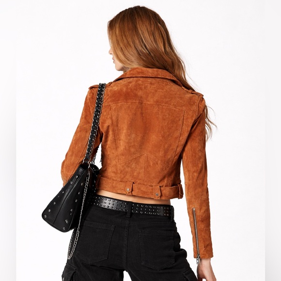 BlankNYC Real Suede Moto Biker Jacket Womens Rust Brown Cropped Belted Small - Picture 2 of 8